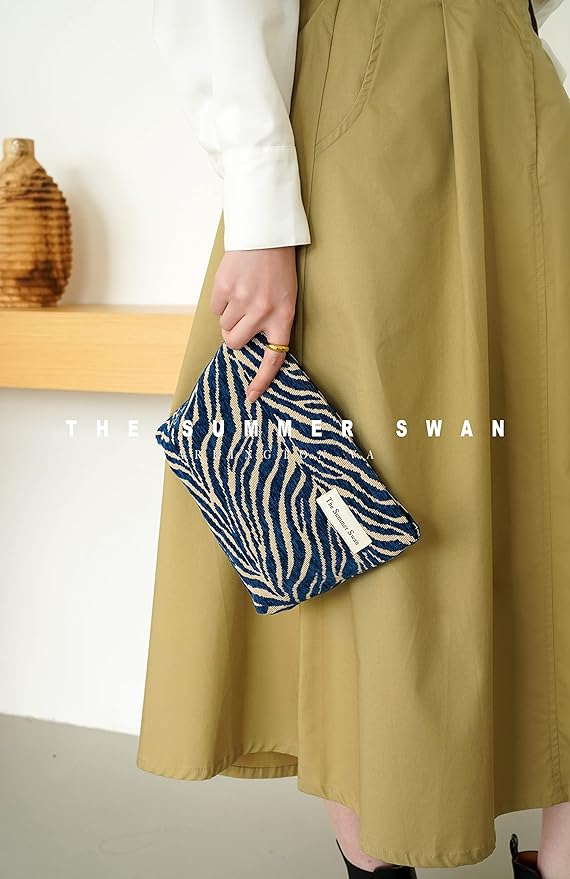 The Summer Swan | Large Aesthetic Floral Mid-day Clutch Period Kit Hygiene Skincare Cute Makeup Bag (Velvet Zebra Print Navy)
