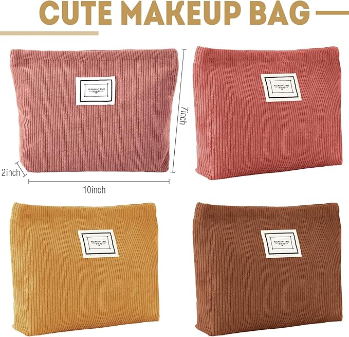 Sanwuta 4 Pack Velvet Makeup Bag Cosmetic Bag for Women Large Capacity Corduroy Pouch Zipper Canvas Travel Toiletry Purse Make up Organizer Case Accessories(Yellow Brown Series,Plaid)
