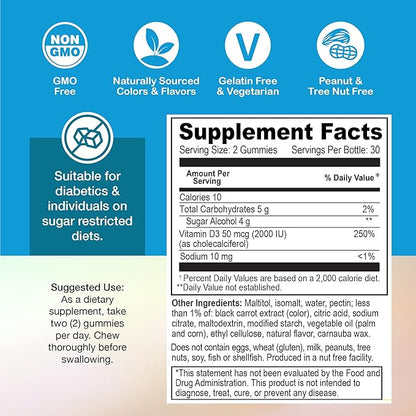 YUM-V'S Vitamin D Zero Gummies by YumVs | Keto Friendly, Sugar Free D3 Supplement | Kids & Adults| 50 mcg – 2000 IU Vitamin D3 | Natural Strawberry Flavor Chewables | 60 Count