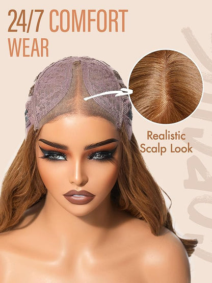 GORGIUS Glueless Wavy Wig with Bangs Honey Brown Synthetic Curtain Bang Wig with Realistic Scalp 22 Inch