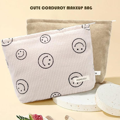 Corduroy Makeup Bag Cosmestic Bag Large Capacity Ladies Women Aesthetic Make Up Organizer Accessories Zipper Pouch Purse （Beige+Light Khaki）