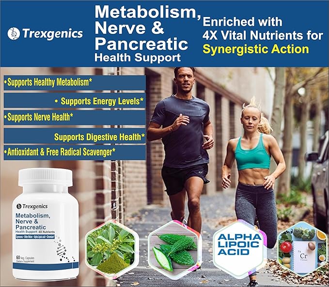 Trexgenics Metabolism Support with GYMNEMA 75% Gymnenic Acid 150 mg, Bitter Melon 5% Bitters 150 mg, Chromium & Alpha LIPOIC ACID150mg(60 Vegan Capsules) (Pack of 1)