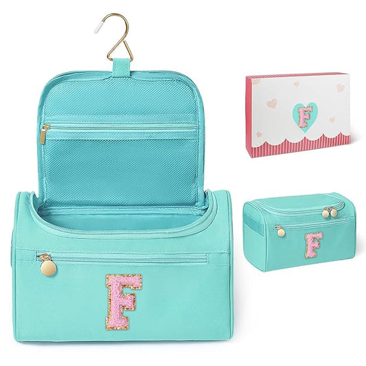 COSHAYSOO Christmas Valentines Galentines Day Fall Travel Gifts for Women Friend Sister Bestie Happy Birthday Party Favor Present, Large Hanging Toiletry Bag Skin Care Toiletries Teal Blue Letter F