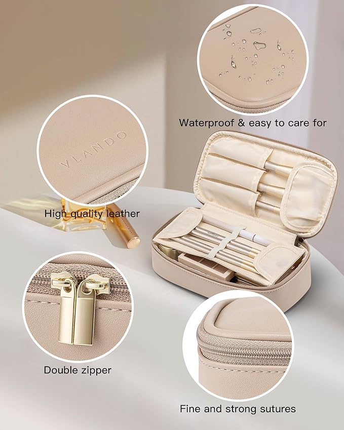 Vlando Travel Makeup Bag,Small Makeup Bag for Women,Gifts for Women Girls, Makeup Pouch Purse Travel Essentials Toiletries-Toffee