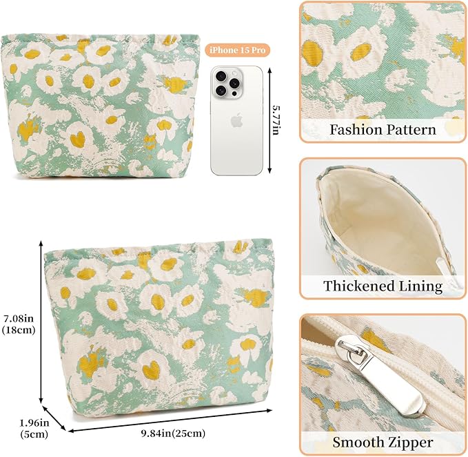 WOZEAH Floral Makeup Bag for Purse Small Cosmetic Pouch,Stylish Zipper Make up Pouch Travel Canvas Toiletry Bags(Jacquard Flower)