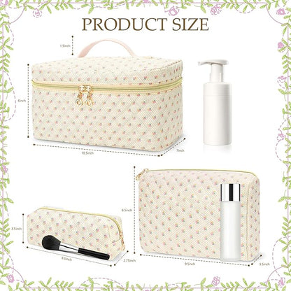 3 PCS Travel Makeup Bag Set, Large Cotton Make up Bag Quilted for Women, Floral Cosmetic Bag Toiletry Bag for Girls Cute Flower Toiletry Bag Travel Accessories Brushes Kawaii Stuff - Yellow and Flower