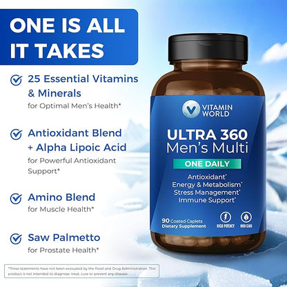 Vitamin World Ultra 360 Multivitamin for Men One Daily, Men's Multivitamin with Minerals, Herbs & Antioxidants, Daily Supplement with Vitamin A, C, D, E & Zinc for Energy & Immune Support, 90 Caplets