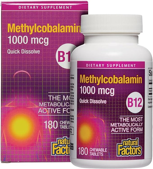 Natural Factors Vitamin B12 Methylcobalamin 1,000 mcg, Offers The Most Metabolically Active Form of B12, 180 Chewable Tablets