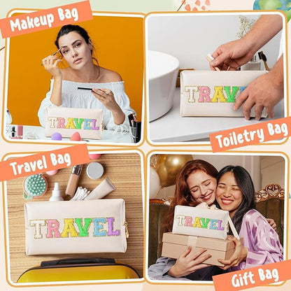 CY2SIDE TRAVEL Letter Makeup Bag - Colorful Chenille Letter Patch Cosmetic Bag Shell Gold PU Leather Patch Pouch Waterproof Portable Zipper Travel Organizer Christmas Idea Gifts for Women Girls