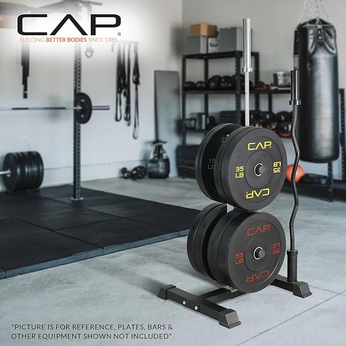 CAP Barbell Olympic Bumper Plate Tree Rack with 4 Weight Plate Posts and 2 Barbell Storage Holders | Multiple Colors