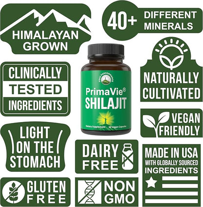 PrimaVie® Purified Shilajit Capsules Made with Pure Shilajit Powder. Clinically Tested Natural Supplement with 40+ Trace Minerals, Fulvic Acid. Tablets Support Mitochondria + Brain Function