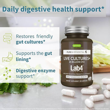Live Cultures+ Lab4 Probiotics & Prebiotic, Lactobacillus Acidophilus & Bifidobacterium, Guaranteed 25 Billion CFU,Vegan, Non-Bloating Gut Health Support, Non-GMO, 30 Capsules, by Igennus