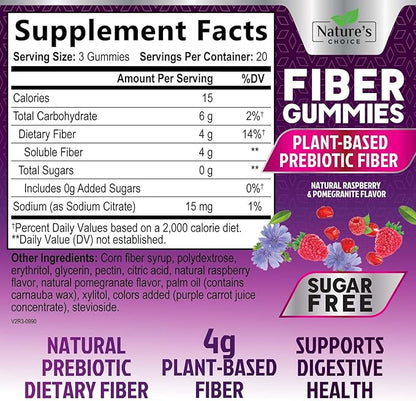 Sugar Free Fiber Gummies for Adults, Daily Prebiotic Natural Soluble Fiber Supplement & Digestive Health Support - Regularity & Digestion Health Support, Plant Based Berry Flavor - 60 Gummies