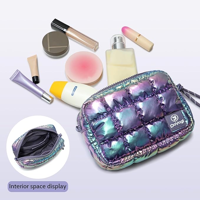 Quilted Cosmetic Bag, Puffer Makeup Bags, Crossbody Purses for women,Cute Travel Toiletry Bag for Women (Dazzling Purple)