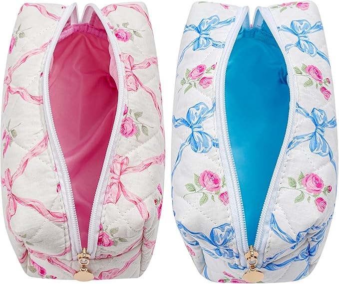 Quilted Cotton Makeup Bag Travel Cosmetic Bag for Women Girls, Zipper Make Up Pouch, Bow Pattern Toiletry Organizer Makeup, Portable Storage Bag (Pink Bowknot+Blue Bowknot)