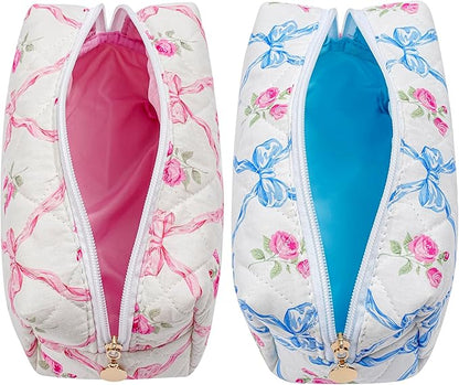 Quilted Cotton Makeup Bag Travel Cosmetic Bag for Women Girls, Zipper Make Up Pouch, Bow Pattern Toiletry Organizer Makeup, Portable Storage Bag (Pink Bowknot+Blue Bowknot)