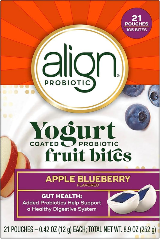 Align Probiotic, Yogurt Coated Probiotic Fruit Bites, Added Probiotic Helps Support Digestive Health, Apple Blueberry Flavored, 21 Individually Wrapped Pouches, 105 Bites