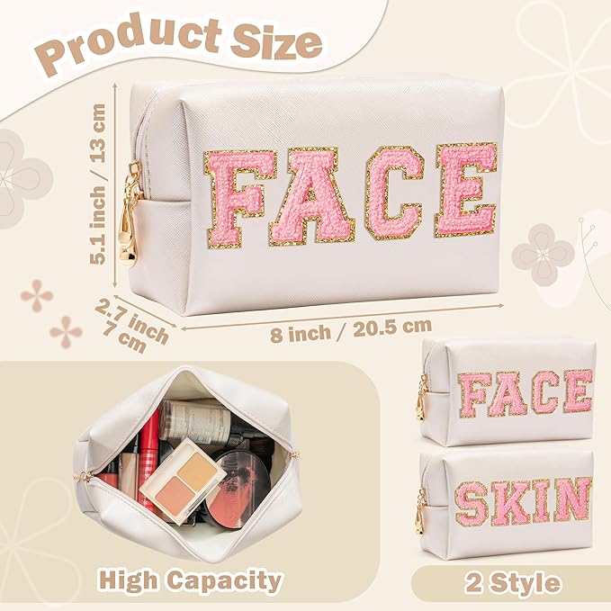 CY2SIDE SKIN Letter Makeup Bag - 2PCS SKIN and FACH Chenille Letter Patch Cosmetic Bag Preppy PU Leather Patch Pouch Waterproof Portable Zipper Travel Organizer Christmas Gifts for Women Girls(Pink)