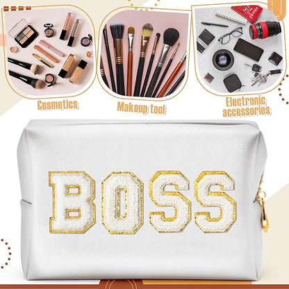 CY2SIDE White BOSS Letter Patch Makeup Bag Gifts for Women PU Leather Patch Cosmetic Bag with Chenille Letter for Travel Waterproof Portable Zipper Big Organizer for Boss's Day Gifts