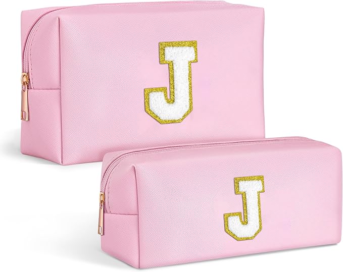 TOPEAST Preppy Stuff Birthday Gifts for Women, Initial Cosmetic Bag Small Makeup Bag with Zipper Chenille Letters Makeup Bag Organizer Personalized Birthday Gifts For Women, Pink J