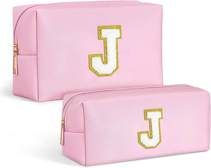 TOPEAST Preppy Stuff Birthday Gifts for Women, Initial Cosmetic Bag Small Makeup Bag with Zipper Chenille Letters Makeup Bag Organizer Personalized Birthday Gifts For Women, Pink J