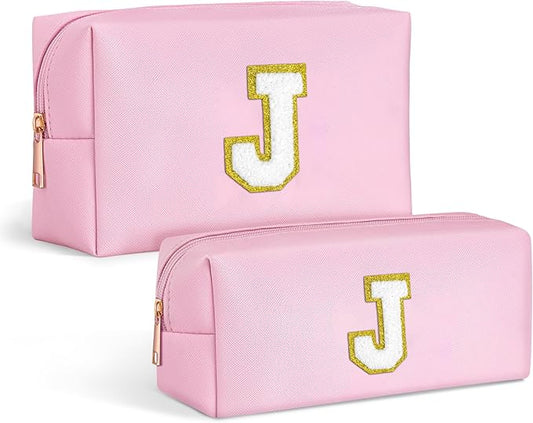 TOPEAST Preppy Stuff Birthday Gifts for Women, Initial Cosmetic Bag Small Makeup Bag with Zipper Chenille Letters Makeup Bag Organizer Personalized Birthday Gifts For Women, Pink J