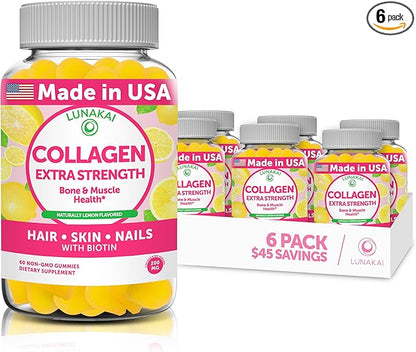 Collagen Gummies - Tastiest Proprietary Formula - 200mg Hydrolyzed Collagen Gummies for Women and Men with Biotin, Zinc, Vitamin C and E - Non-GMO Anti Aging Collagen Supplements for Women - 6 Pack