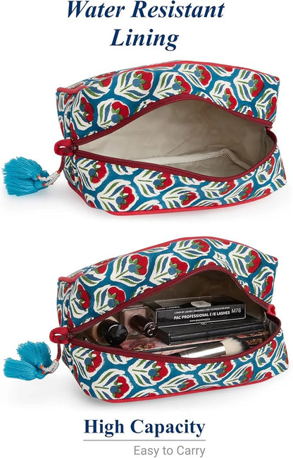 Huar Travel Makeup Bag- Large Capacity Cosmetic Bags for Women - Water Resistance Lining Portable Pouch & Open Toiletry Bag - Perfect Girls Makeup Organizer for Travel Essentials (White & Red Floral)