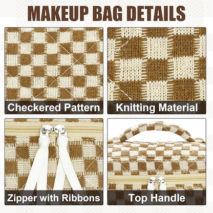 Quilted Makeup Bag Set, 3Pcs Large Checkered Corduroy Cosmetic Bags, Cute Coquette Makeup Bag Toiletry Zipper Pouch Bag for Women and Girls Checkered