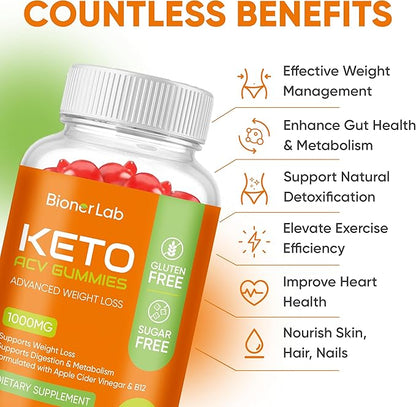 Keto ACV Gummies - Sugar Gluten Free Pro Active Super Apple Cider Vinegar Supplement for Men Women - Digestion Metabolism Hair Skin Health (1000MG)