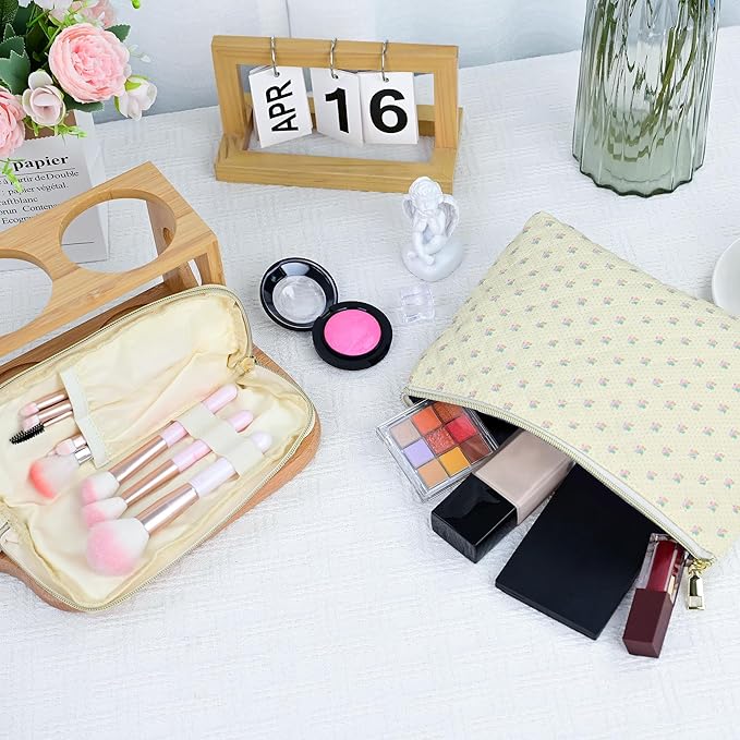 Quilted makeup bag Set for Women, Floral Cotton Makeup Bag Travel Cosmetic Pouch for Girls Make Up Organizer, Gift for Mothers Day, Birthday Gift for Her - Cherry