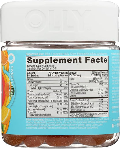 Olly The Essential Prenatal Gummy Multivitamin, 30 Day Supply ( Gummies), Sweet, Folic Acid, Vitamin D, Omega 3 DHA, Chewable Supplement, White Citrus, 60 Count (Pack of 1)