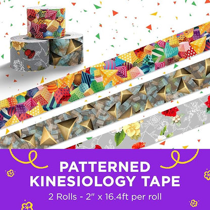 OK TAPE Patterned Kinesiology Tape, Elastic Physical Therapy Athletic Tape for Pain Relief & Muscle Support, Uncut Kinetic Tape, 2in x 16.4ft- 2 Rolls (Pyramid)