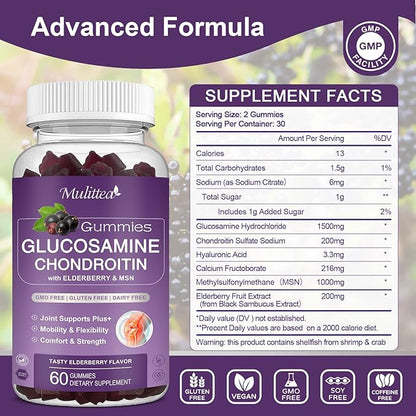 Glucosamine Chondroitin Gummies - Extra Strength Joint Support Supplement with MSM & Elderberry for Natural Joint, Antioxidant Immune Support for Adults, Men & Women-(1 Pack)