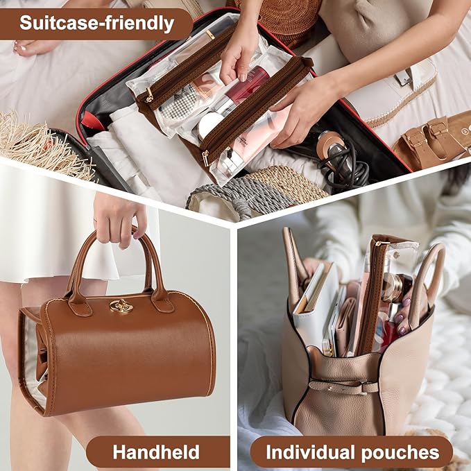 Travel Makeup Organizer Bag, Foldable Toiletry Bag with Detachable Pouches, Large Capacity 4-in-1 Roll-Up Cosmetic Storage with Handle for Women