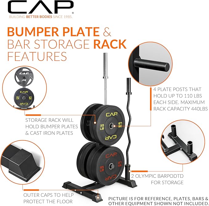 CAP Barbell Olympic Bumper Plate Tree Rack with 4 Weight Plate Posts and 2 Barbell Storage Holders | Multiple Colors