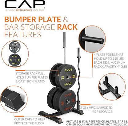 CAP Barbell Olympic Bumper Plate Tree Rack with 4 Weight Plate Posts and 2 Barbell Storage Holders | Multiple Colors