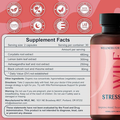 WILE Menopause & Perimenopause Supplements for Women with Ashwagandha - Stress Relief with Black Cohosh - Premenopausal Support for Improved Mood, Sleep, Hormone Balance - Vegan, 30 Servings