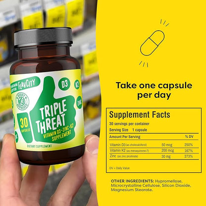 FlavCity Vitamin D Supplement, Triple Threat - 3-in-1 Dietary Supplement for Immune Support - Made with Vitamin D3, Zinc & Vitamin K2 for Maximum Absorption - 30 Capsules