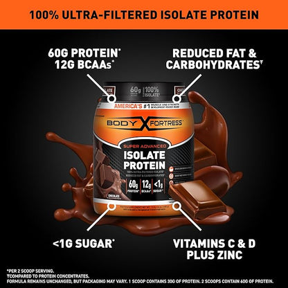 Body Fortress Super Advanced Isolate Protein Powder, Gluten Free, Chocolate, 1.5lbs