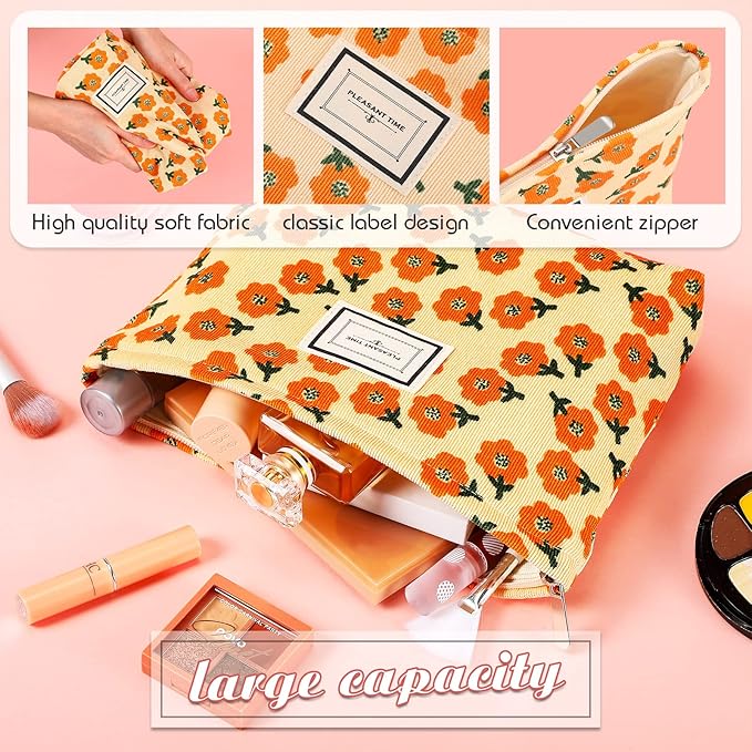 Sanwuta 6 Pcs Velvet Makeup Bag Large Capacity Corduroy Cosmetic Bag pattern Canvas Makeup Pouch with Zipper Travel Toiletry Accessories Organizer for Women Girls Gifts, 10 x 7 Inch(Flower)