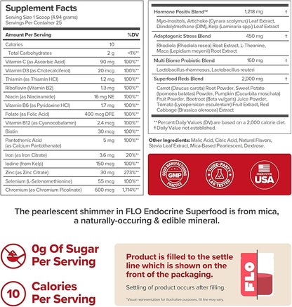 FLO Women’s Endocrine Superfood Powder – Supports Healthy Cortisol Levels, Hormonal Balance, Thyroid & Gut Health – Multivitamin Plus Rhodiola, DIM, Myo-Inositols, Red Superfood – 25 Servings