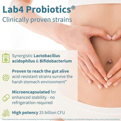 Live Cultures+ Lab4 Probiotics & Prebiotic, Lactobacillus Acidophilus & Bifidobacterium, Guaranteed 25 Billion CFU,Vegan, Non-Bloating Gut Health Support, Non-GMO, 6 x 30 Capsules, by Igennus