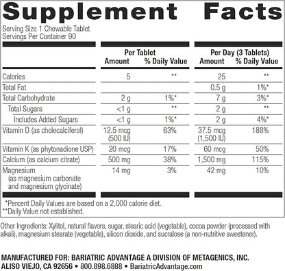 Bariatric Advantage Calcium Citrate Chewable 500 mg - for Bariatric Surgery Patients - High-Potency, Easy-Digest Tablets - Calcium Citrate - Bone Strength Supplements* - 90 Count - Chocolate