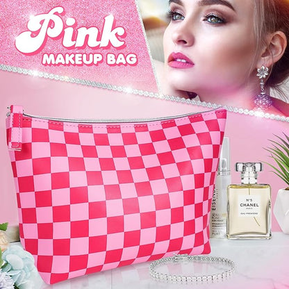Vegan Leather Checkered Makeup Bag - Cute Girly Pink Cosmetic Bag Zipper Pouch Travel Toiletry Make Up Bag Accessories - Checker Gift for Best Friends Girls Women Mom Sister Christmas Gifts Stuff