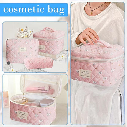 Quilted Makeup Bag, Large Capacity Travel Cosmetic Bag for Women and Girls, Aesthetic Storage for Daily and Travel Use (3pcs-RabbitAnimalPrint)