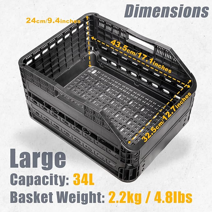 CyclingDeal Foldable Rear Bike Basket | Patented Design, Easy Install & Large Storage Capacity w/Cargo Net for Safety | Premium Quality, Durable Basket & Weather Resistant Rear Bike Rack Basket