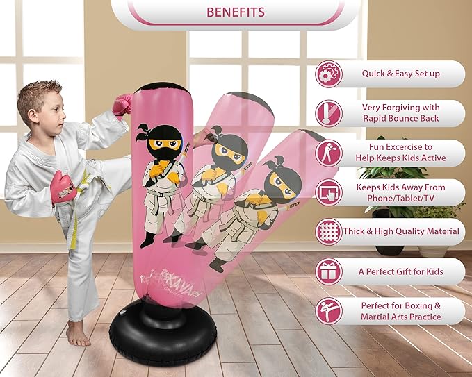 Punching Bag for Kids - 5' 3" Tall and Stable - Ninja Kids Inflatable Punching Bag Combo Kit with Kids Boxing Gloves, a Pump and Repair Kit. Boxing Bag for Immediate Bounce Back