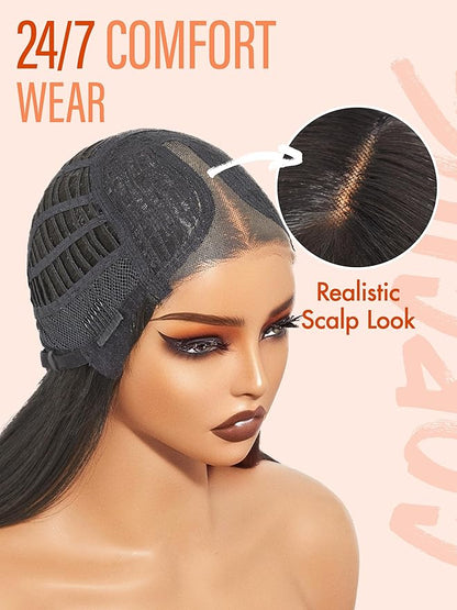GORGIUS Glueless Wavy Wig with Bangs Natural Black Synthetic Curtain Bang Wig with Realistic Scalp 22 Inch