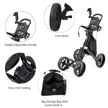 Golf Push Cart 4-Wheels,Folding Golf Cart, Golf Pull cart with Cup Holder,Umbrella Holder,Cooler Bag, Foldable with one-Click,Handle Height Adjustable,Drink Holder,Walking Push cart